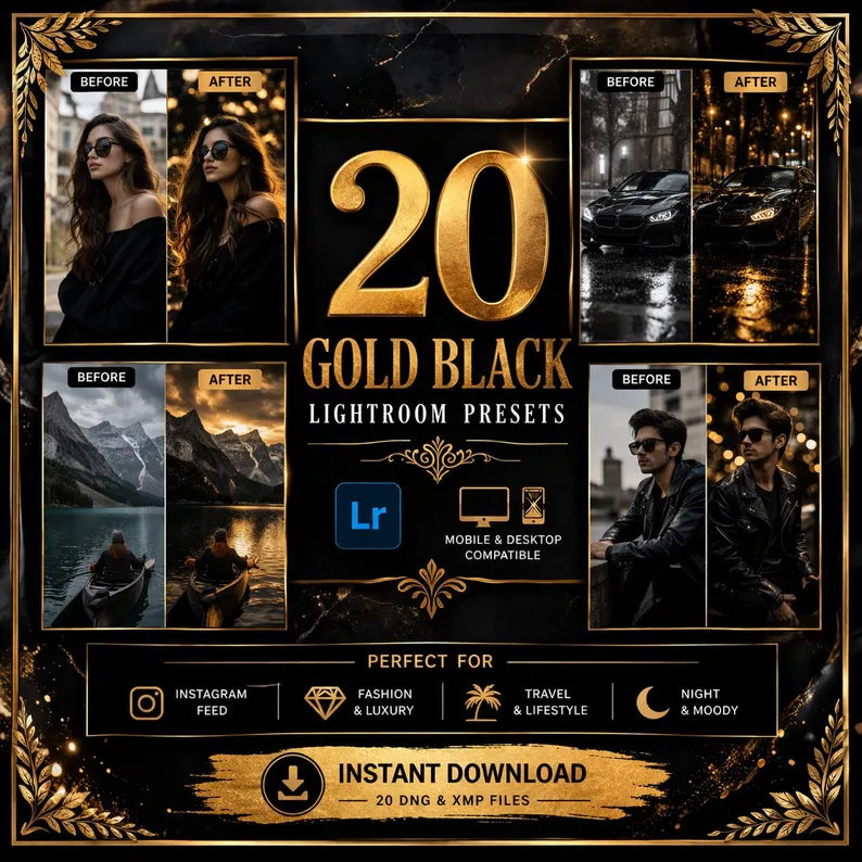 20 Gold & Black Luxury Lightroom Presets