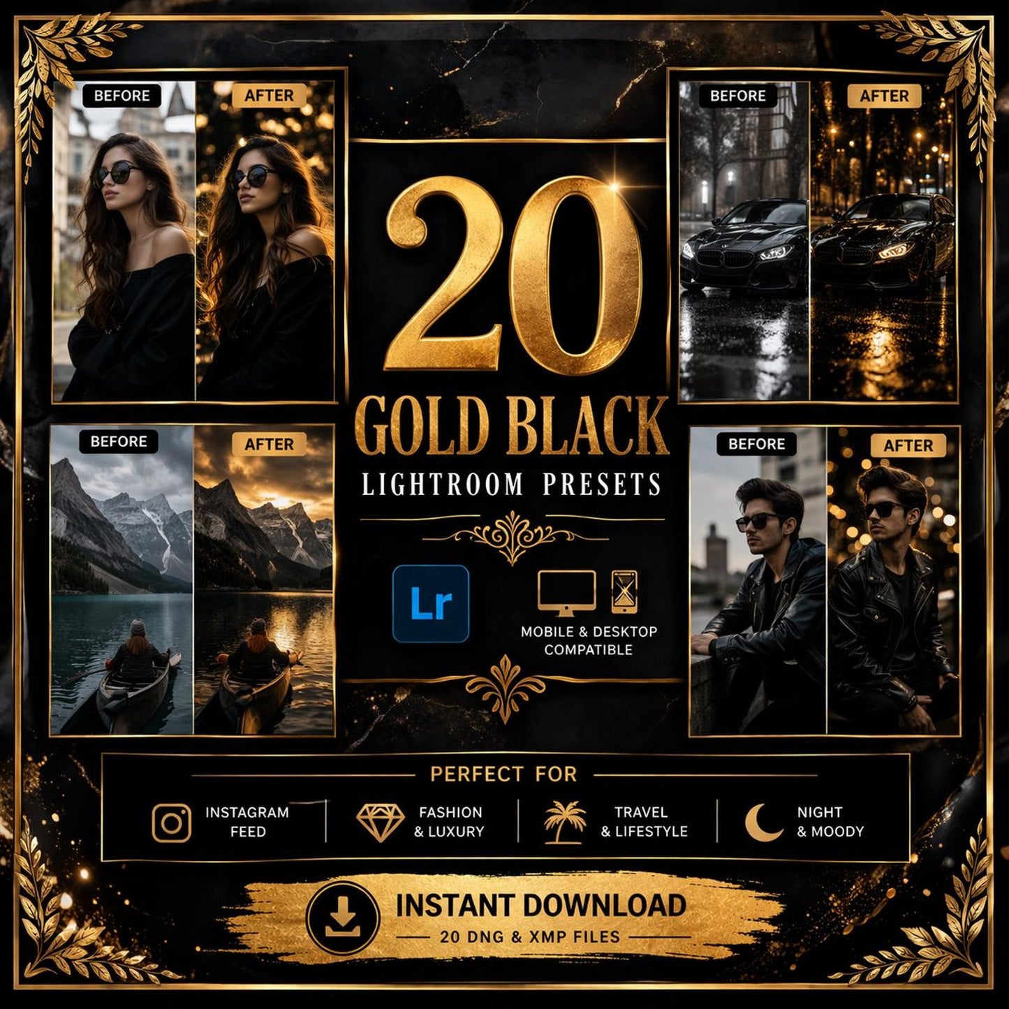 20 Gold Black Lightroom Presets