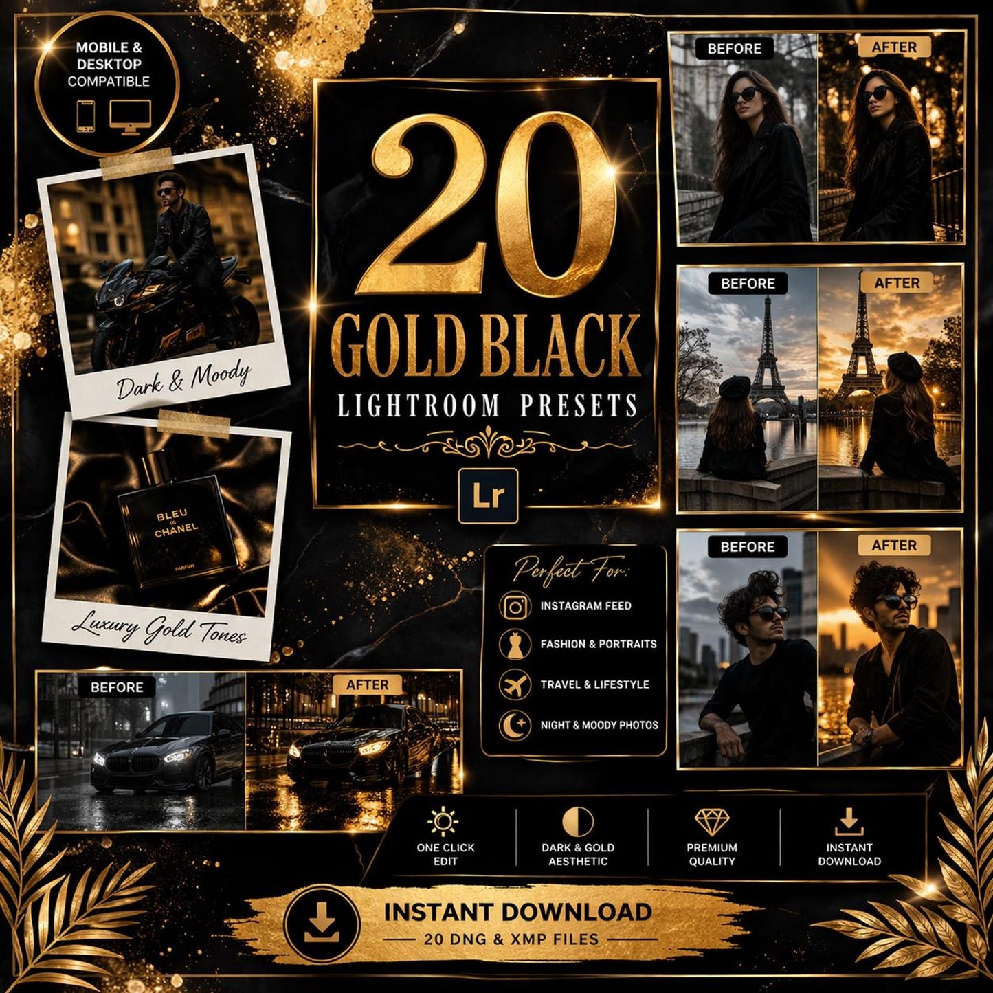 20 Gold Black Lightroom Presets