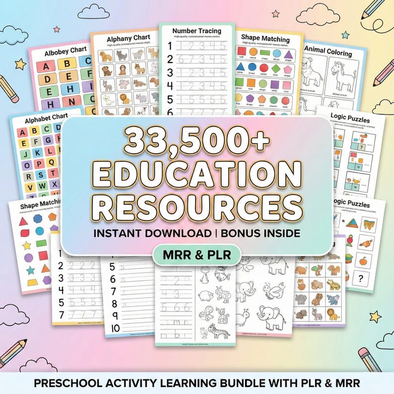 Kids Learning Activities Bundle | 33,500+ Educational Kids Resources Coloring Books, Worksheets (PLR, MRR)